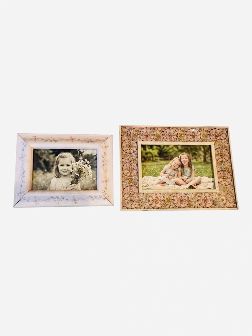 Set 2 Girl Photo Frames Floral Beaded Pink White Tabletop